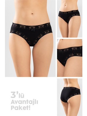 Baykar Kadın Pamuklu Dantelli Bikini Kesim Düz Külot 3'lü Paket Siyah