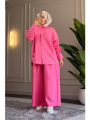 Suede Style 5158 - Şık Rahat Luna Çizgili Salaş Kadın Gömlek Pantolon Takım