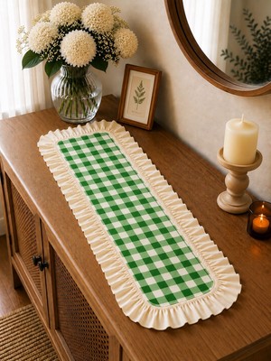 ŞAH TEXTILE DESIGN keten fırfırlı damalı runner 30x80