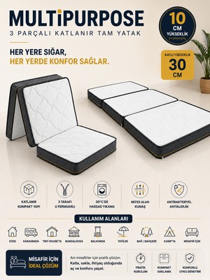 Zish Home PURPOSE Tek Kişilik 10 cm Katlanır Sünger Yatak | Yer ve Misafir Yatağı, Şilte ve Minder | Karavan, Kamp, Çadır ve Araç İçi | 24 DNS Orta Sert Sünger | Fermuarlı Çıkarılabilir Kılıf