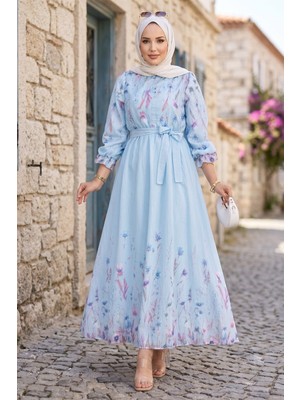 Hafsa Mina Çiçek Desenli Astarlı Kuşaklı Elbise Mavi HM2923
