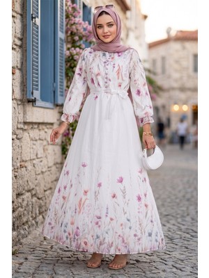 Hafsa Mina Çiçek Desenli Astarlı Kuşaklı Elbise Beyaz HM2923