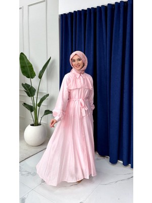 Esra Butik Tensel Kumaş Astarlı Fırfır Detaylı Kuşaklı Tesettür Elbise – Mavi | Siyah | Pembe | Yağ Yeşili | Beyaz | Acı Kahve | Açık Sarı