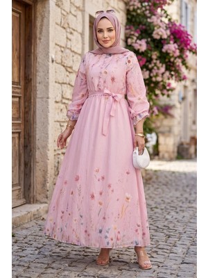 Hafsa Mina Çiçek Desenli Astarlı Kuşaklı Elbise Pembe HM2923