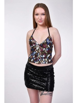 Bebe Plus Çok Renkli Payetli Halter Yaka Büstiyer  - Siyah/mavi Siyah/mavi - L