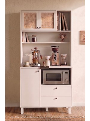 Robin Home Ahşap Jüt Kapaklı Kahve Köşesi Airfry Kiler Dolabı Çok Amaçlı Dolap Beyaz