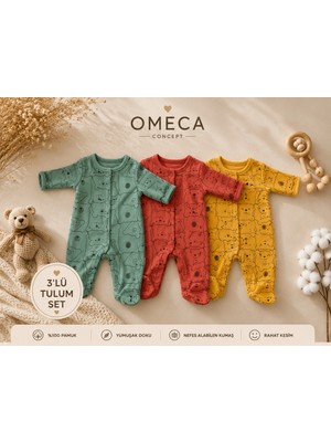 Omeca Concept Erkek Bebek %100 Pamuk Ayıcık Desenli 3'lü Tulum Seti
