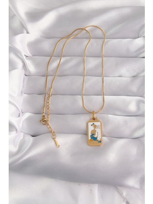 316L Çelik Gold Renk Beyaz Mineli Kız Figür Tarot Kolye -1492
