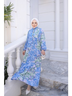 İmaj Butik Saks Mavi Yarım Düğmeli Kol Lastikli Eteği Katlı Viskon Elbise
