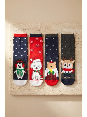 Bony Socks Çocuk 4 Lü Paket Hayvan Desenli Yılbaşı Soket Çorap Lacivert Karışık