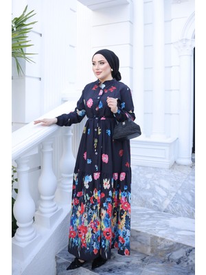 İmaj Butik Koyu Lacivert Yarım Düğmeli Kol Lastikli Eteği Katlı Elbise