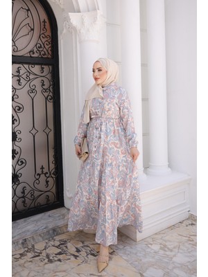 İmaj Butik Mavi Yarım Düğmeli Kol Lastikli Eteği Katlı Elbise