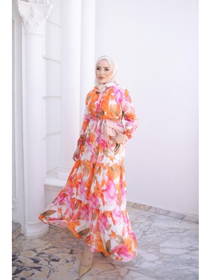 İmaj Butik Oranj Yarım Düğmeli Kol Lastikli Eteği Katlı Elbise