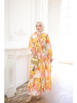 İmaj Butik Sarı Yarım Düğmeli Kol Lastikli Eteği Katlı Elbise