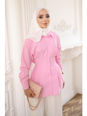 İmaj Butik Pembe Bel Oturtmalı Pens Detaylı Gömlek