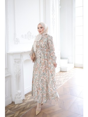 İmaj Butik Yeşil Yarım Düğmeli Kol Lastikli Eteği Katlı Elbise