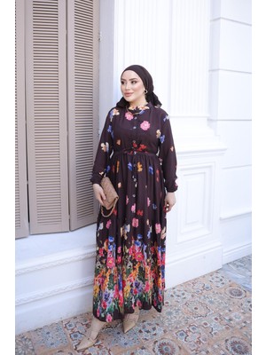 İmaj Butik Kahverengi Yarım Düğmeli Kol Lastikli Eteği Katlı Elbise