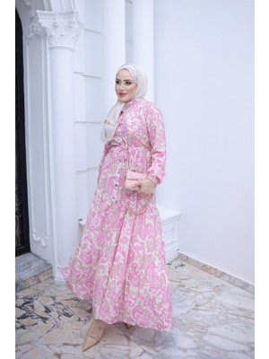 İmaj Butik Pembe Yarım Düğmeli Kol Lastikli Eteği Katlı Elbise