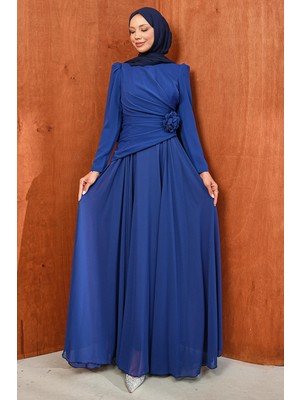 İmaj Butik Saks Mavi Önü Drapeli Abiye