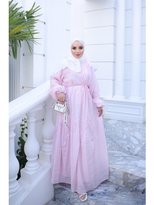 İmaj Butik Pudra Bel Bağlamalı Dikiş Detaylı Elbise