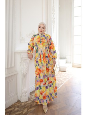İmaj Butik Oranj Yarım Düğmeli Kol Lastikli Eteği Katlı Elbise