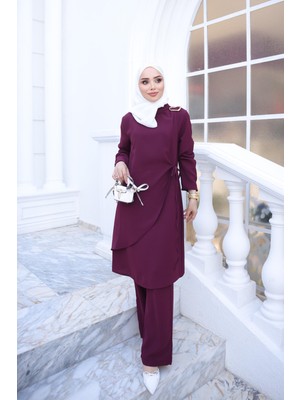 İmaj Butik Mürdüm Bağlama Detaylı Tunik Pantolonlu Takım