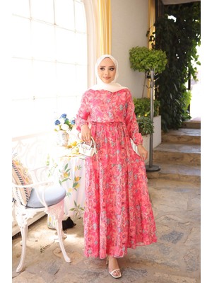 İmaj Butik Fuşya Yarım Düğmeli Kol Lastikli Eteği Katlı Elbise