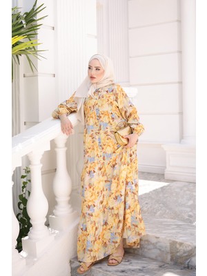 İmaj Butik Sarı Yarım Düğmeli Kol Lastikli Eteği Katlı Elbise