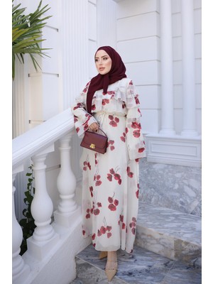 İmaj Butik Bordo Kol Yaka Fırfırlı Desenli Elbise