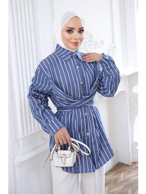 İmaj Butik Lacivert Çizgili Çapraz Bağlamalı Gömlek
