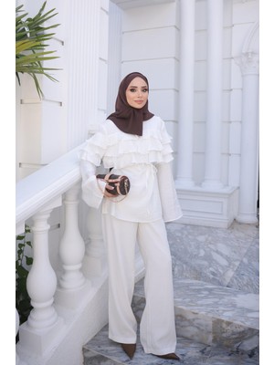 İmaj Butik Ekru Bel Bağlamalı Katlı Gömlek