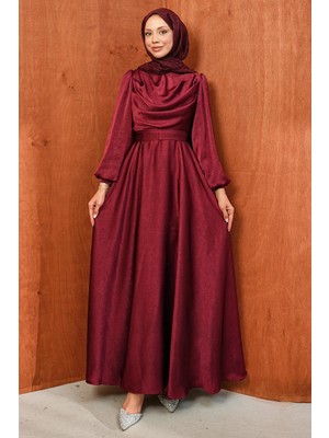 İmaj Butik Bordo Bel Kuşaklı Desenli Saten Abiye