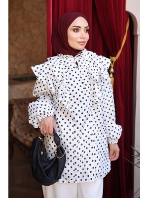 İmaj Butik Beyaz Yaka Bağlamalı Puantiyeli Tunik