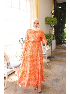 İmaj Butik Oranj Yarım Düğmeli Kol Lastikli Eteği Katlı Elbise