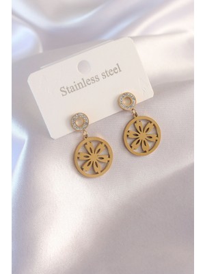 Havor Zirkon Taşlı Çiçek Figürlü Çelik Kadın Küpe Altın Gold