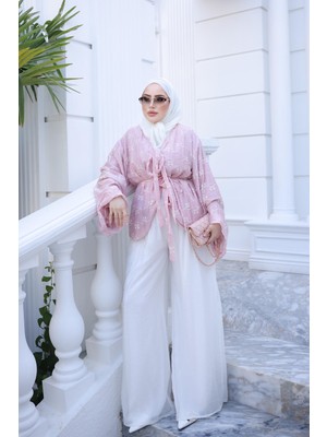 İmaj Butik Pembe Nakış Işlemeli Kimono Pantolonlu Takım