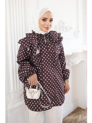İmaj Butik Kahverengi Yaka Bağlamalı Puantiyeli Tunik