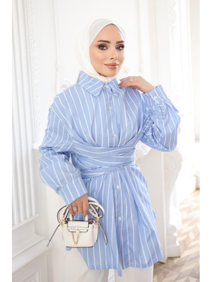 İmaj Butik Mavi Çizgili Çapraz Bağlamalı Gömlek