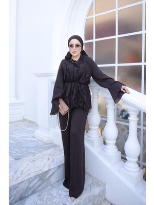 İmaj Butik Kahverengi Fırfırlı Çizgili Kimono Pantolonlu Takım