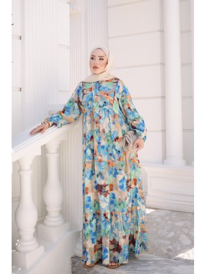 İmaj Butik Mavi Yarım Düğmeli Kol Lastikli Eteği Katlı Elbise