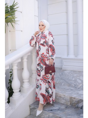İmaj Butik Kiremit Yarım Düğmeli Kol Lastikli Eteği Katlı Viskon Elbise