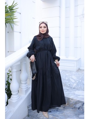 İmaj Butik Siyah Bel Bağlamalı Dikiş Detaylı Elbise