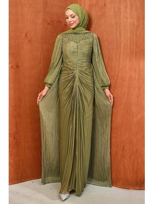 İmaj Butik Yağ Yeşili Önü Büzgülü Yaka Taşlı Abiye