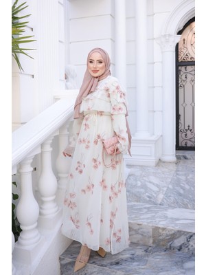 İmaj Butik Pudra Kol Yaka Fırfırlı Desenli Elbise