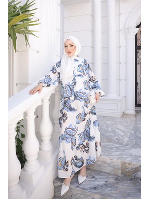 İmaj Butik Mavi Yarım Düğmeli Kol Lastikli Eteği Katlı Viskon Elbise