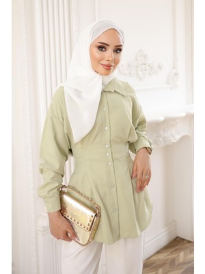 İmaj Butik Olive Bel Oturtmalı Pens Detaylı Gömlek
