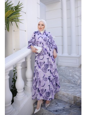 İmaj Butik Lila Yarım Düğmeli Kol Lastikli Eteği Katlı Viskon Elbise