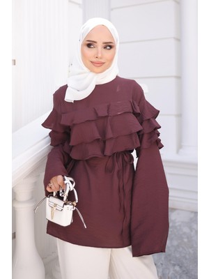 İmaj Butik Bordo Bel Bağlamalı Katlı Gömlek