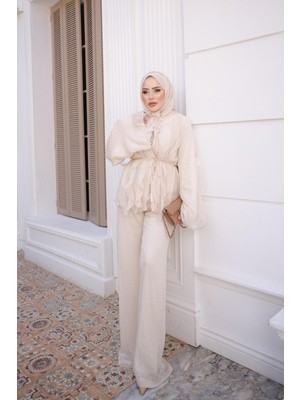 İmaj Butik Krem Fırfırlı Çizgili Kimono Pantolonlu Takım