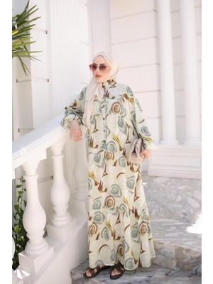 İmaj Butik Haki Yarım Düğmeli Kol Lastikli Eteği Katlı Viskon Elbise